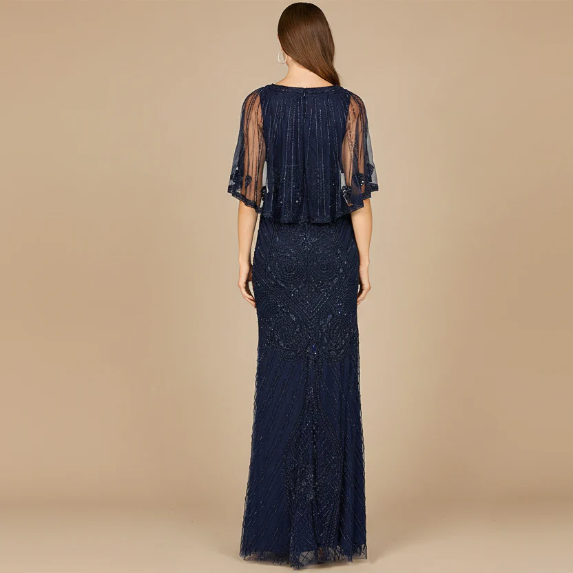 Cape Sleeve V-Neck Beaded Gown - Image 4