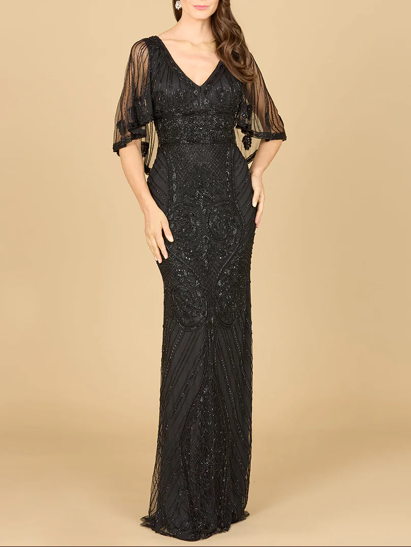 Cape Sleeve V-Neck Beaded Gown - Image 5
