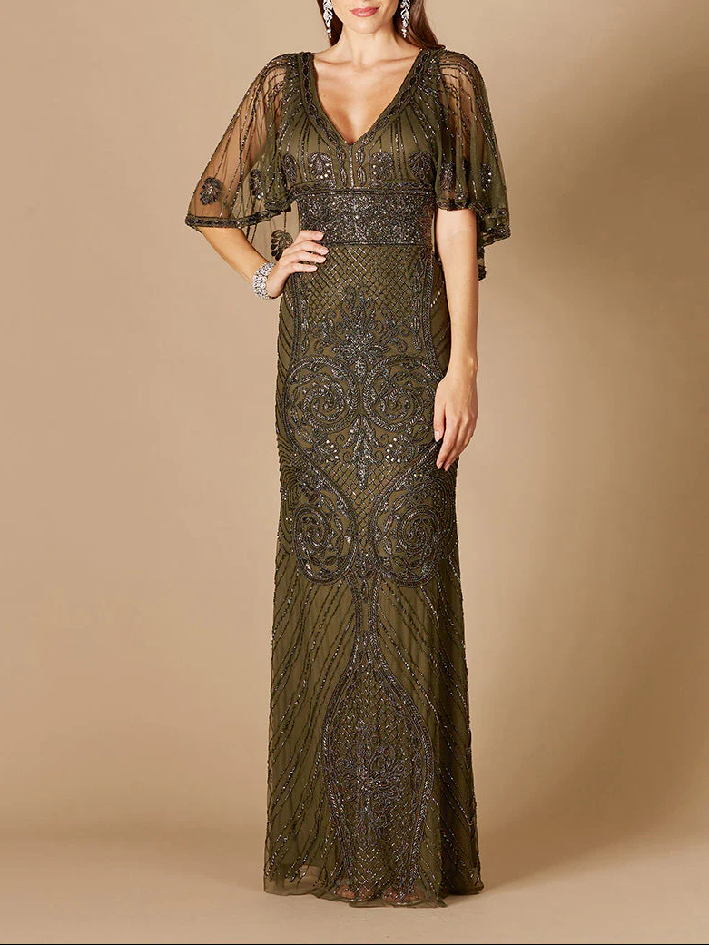 Cape Sleeve V-Neck Beaded Gown - Image 6
