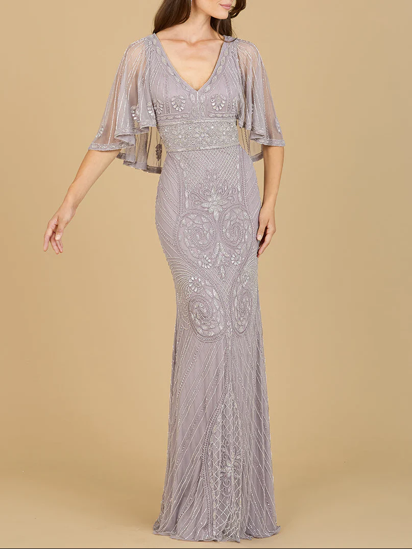 Cape Sleeve V-Neck Beaded Gown - Image 7