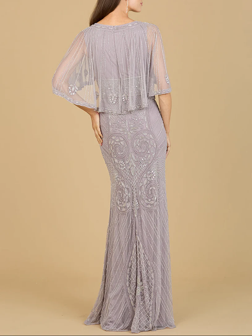 Cape Sleeve V-Neck Beaded Gown - Image 8