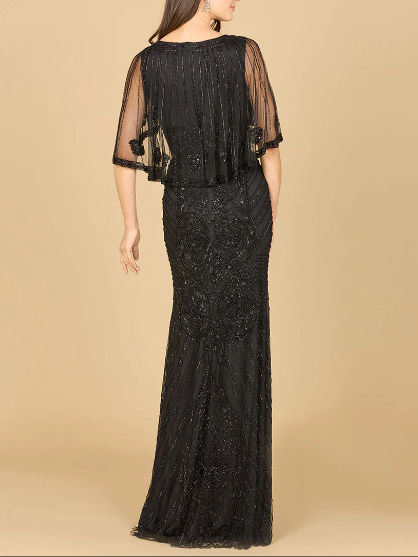 Cape Sleeve V-Neck Beaded Gown - Image 9