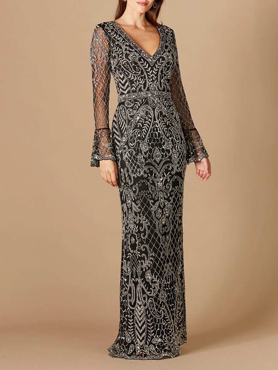 Long Bell Sleeve V-Neck Beaded Gown - Image 2