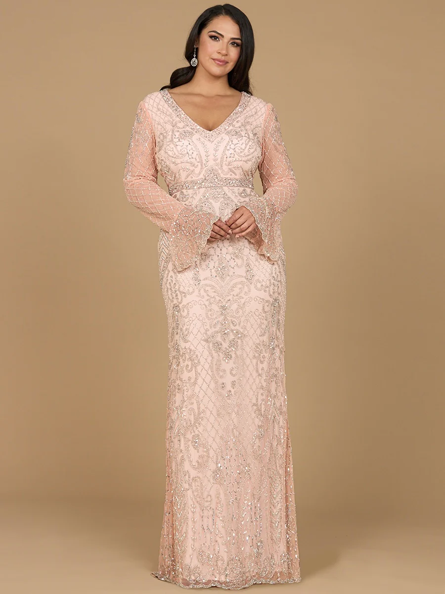 Long Bell Sleeve V-Neck Beaded Gown - Image 3