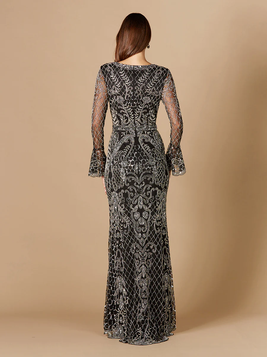 Long Bell Sleeve V-Neck Beaded Gown - Image 4