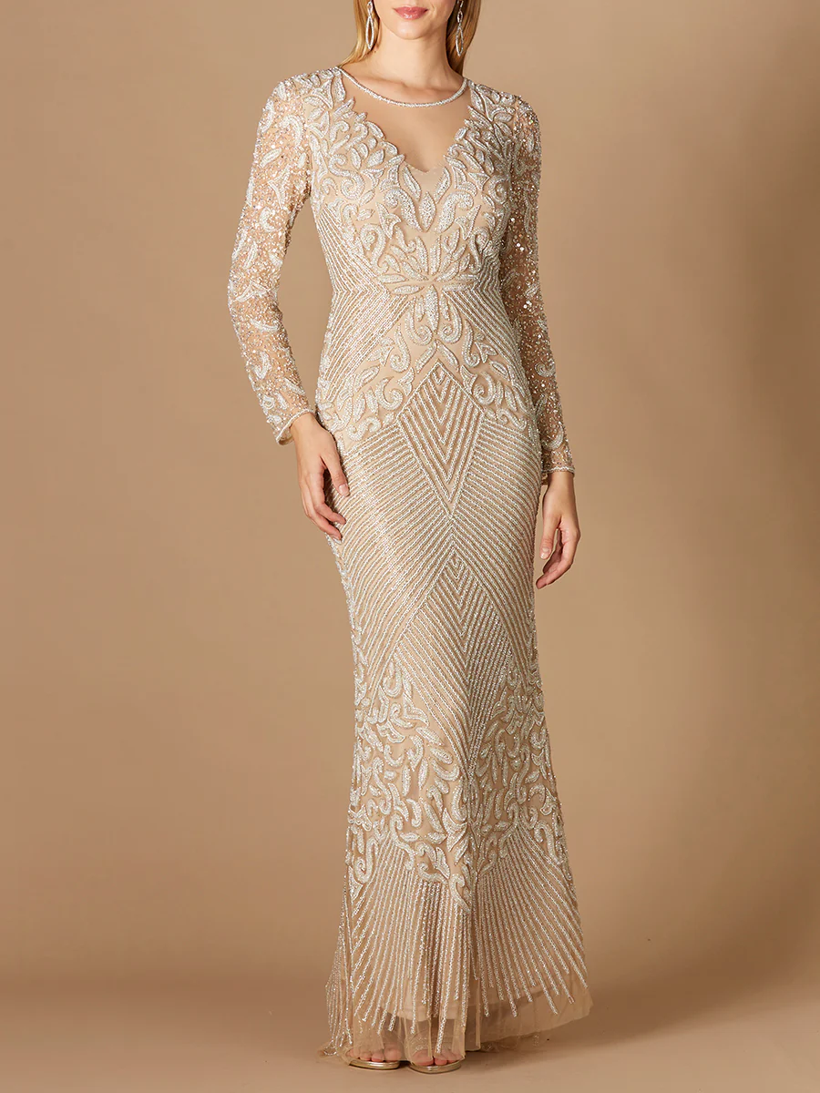 Fitted Long Sleeve Beaded Gown