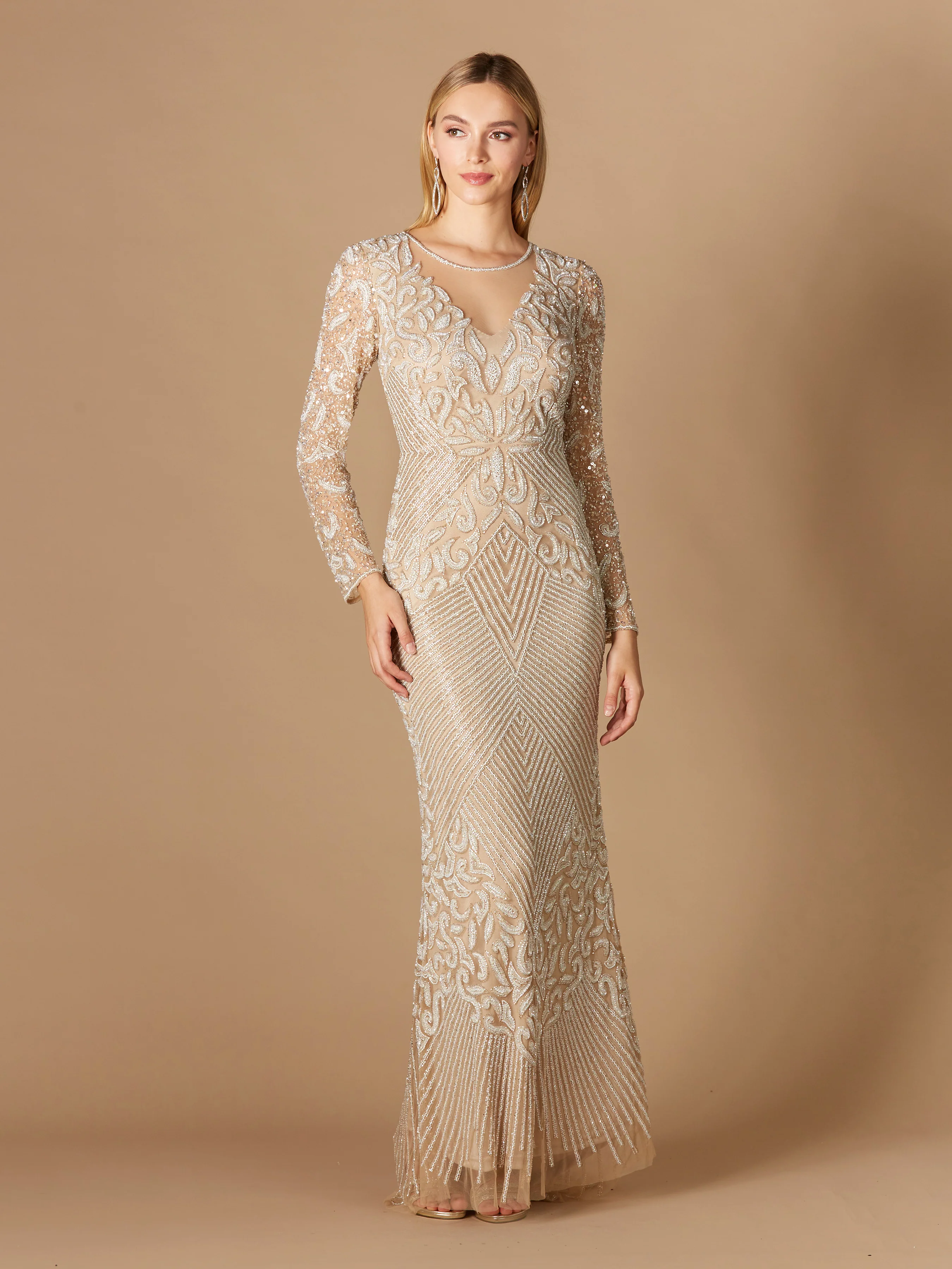 Fitted Long Sleeve Beaded Gown - Image 2