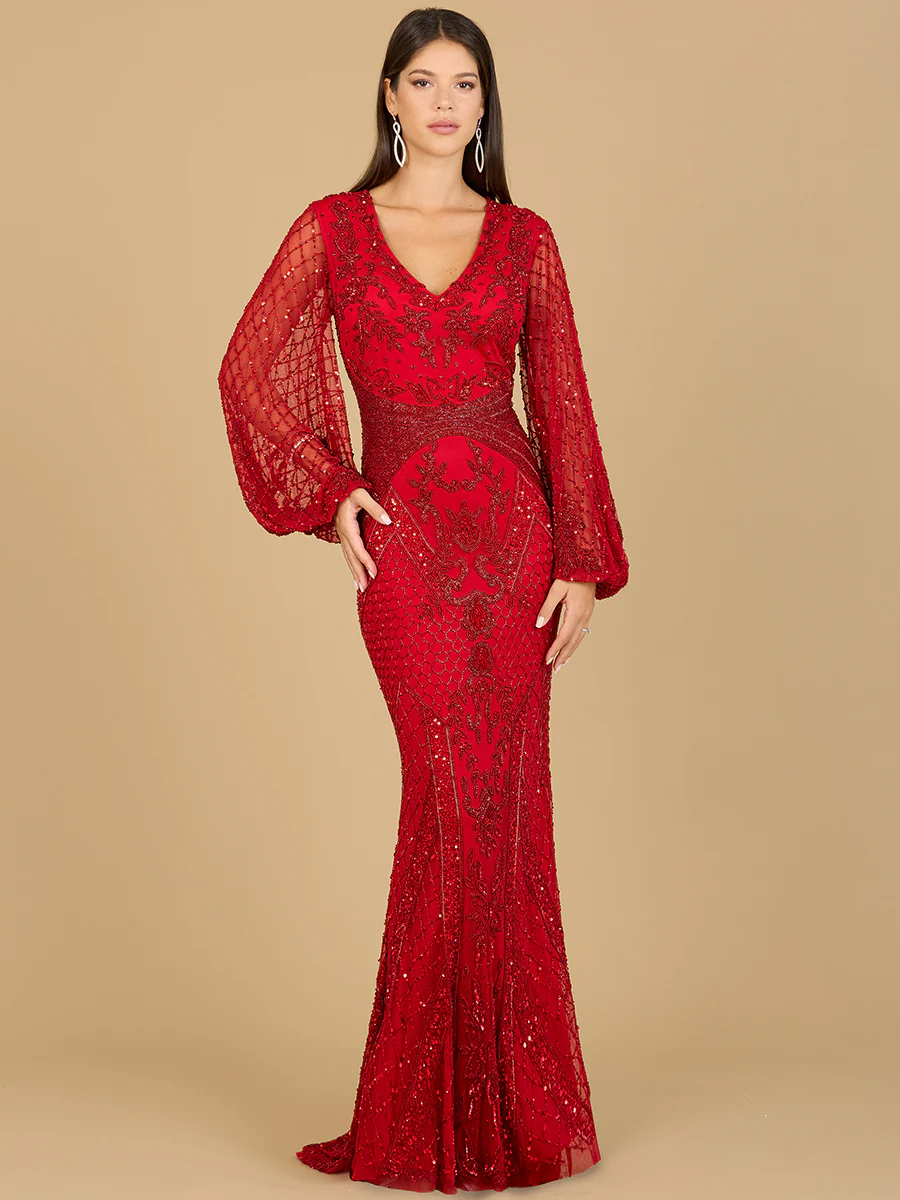 Long Flutter Sleeves Beaded Dress - Image 4