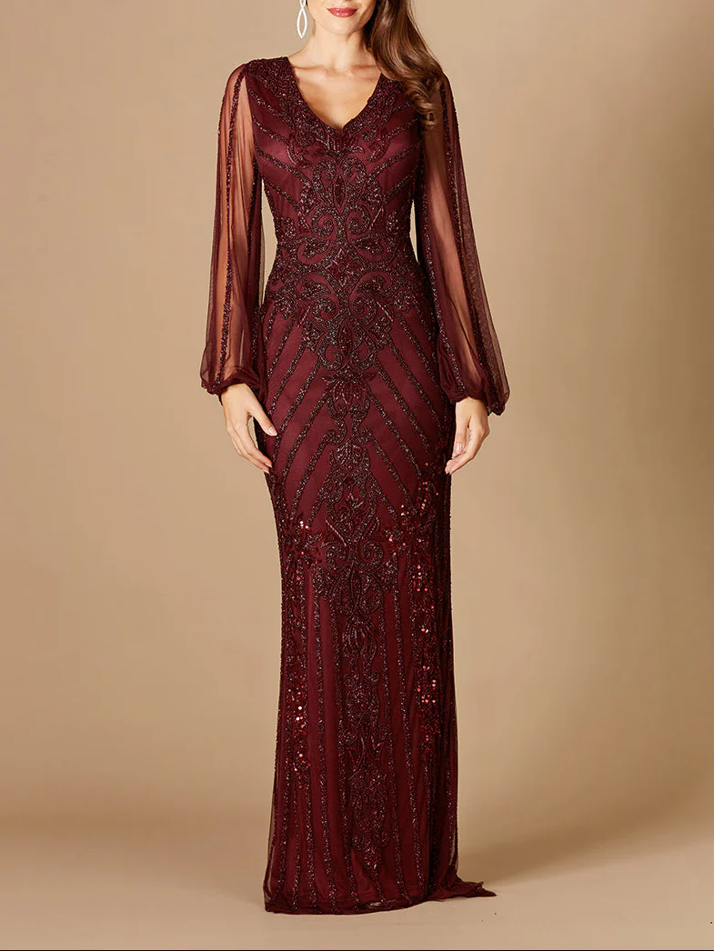 Long Flutter Sleeves Beaded Dress - Image 3