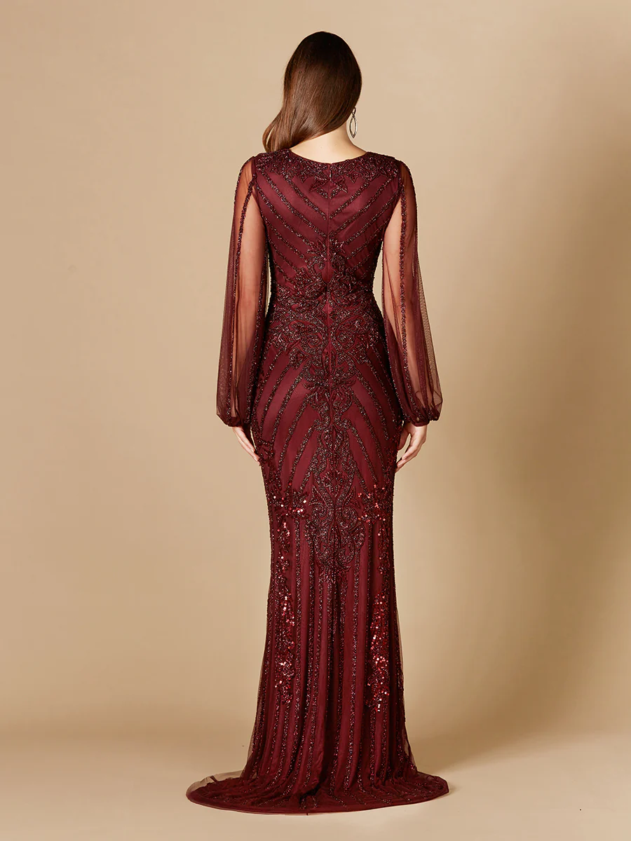 Long Flutter Sleeves Beaded Dress - Image 4