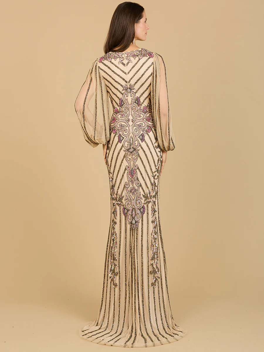 Long Flutter Sleeves Beaded Dress - Image 5