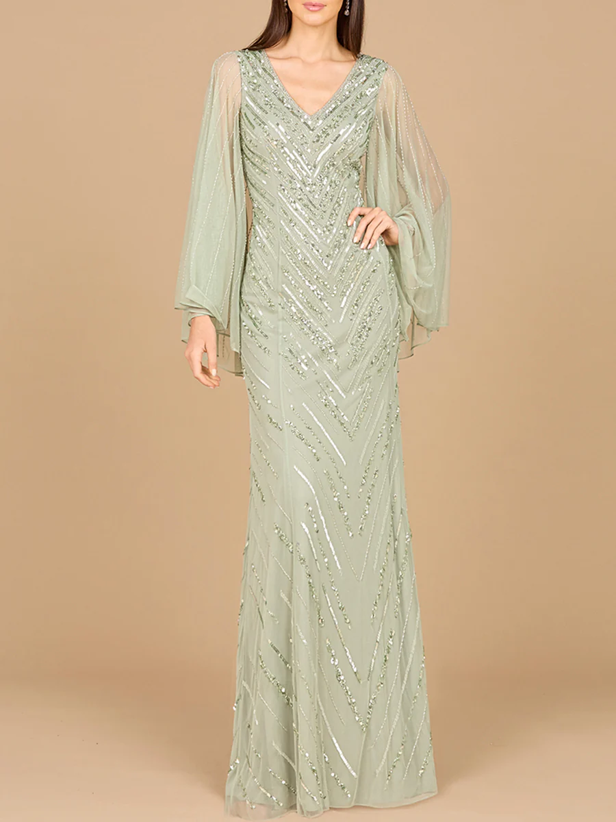 Long Cape Sleeves Beaded Dress  - OUTLET