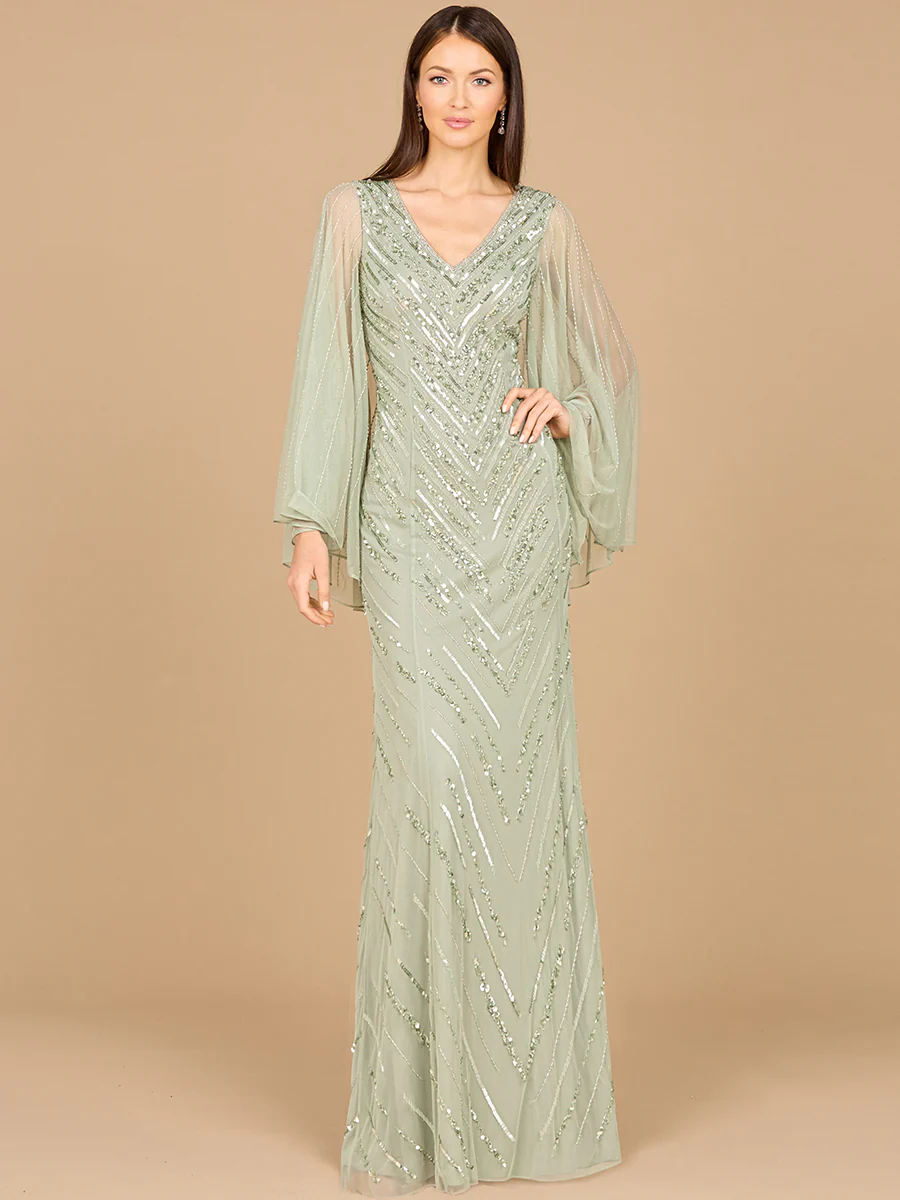 Long Cape Sleeves Beaded Dress  - OUTLET - Image 2