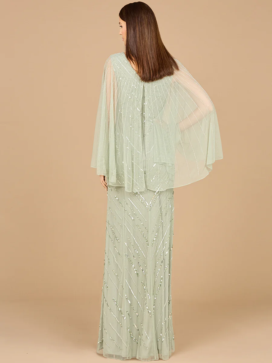 Long Cape Sleeves Beaded Dress  - OUTLET - Image 3