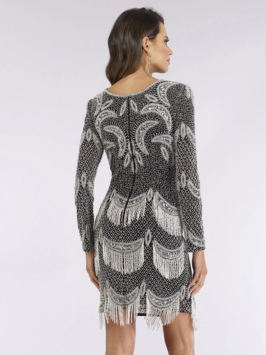 Lara 29377 - Long Sleeve Beaded V-Neck Fringe Cocktail Dress - Image 3