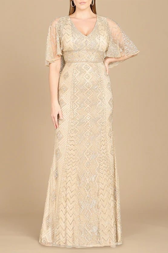 Lara 29397 - Cape Sleeve V-Neck Beaded Gown - OUTLET