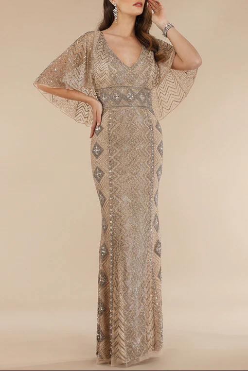 Lara 29397 - Cape Sleeve V-Neck Beaded Gown - OUTLET - Image 4