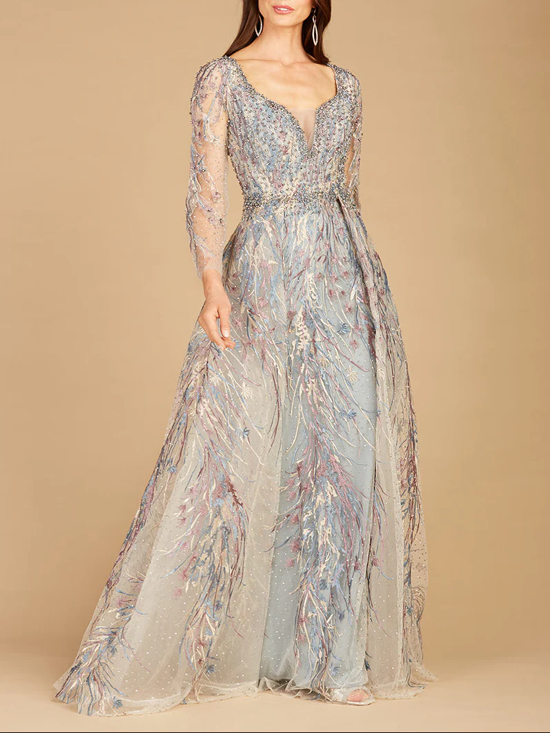 Long Sleeve Contrast Embroidered Gown with Overskirt - Image 2