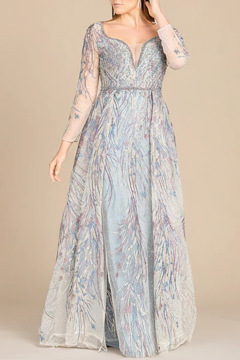Long Sleeve Contrast Embroidered Gown with Overskirt - Image 3