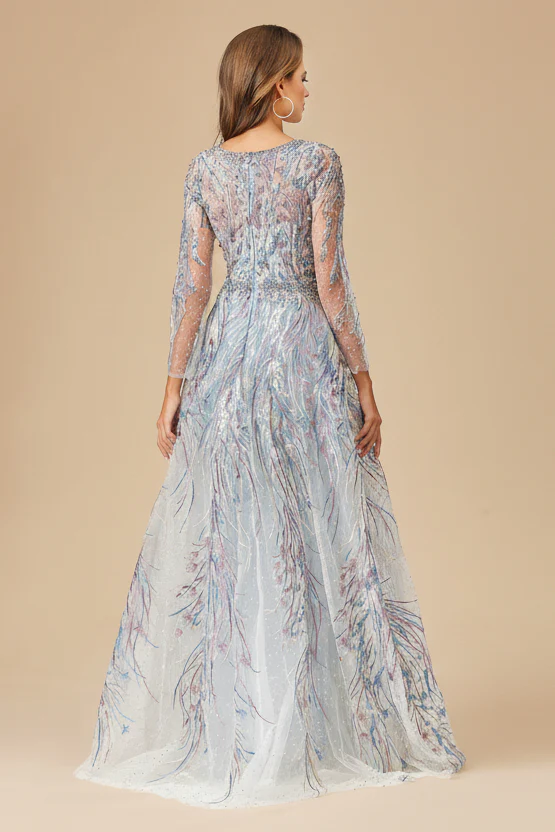 Long Sleeve Contrast Embroidered Gown with Overskirt - Image 4