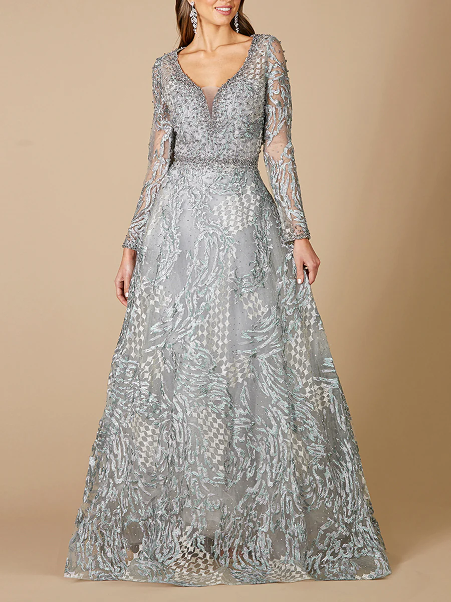 Long Sleeve Lace Ballgown with V-Neckline OUTLET