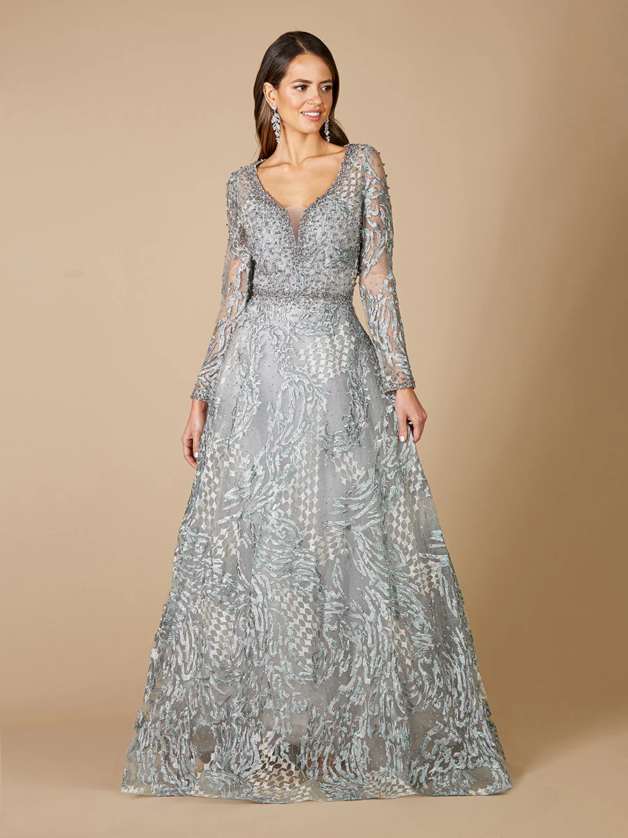 Long Sleeve Lace Ballgown with V-Neckline OUTLET - Image 2