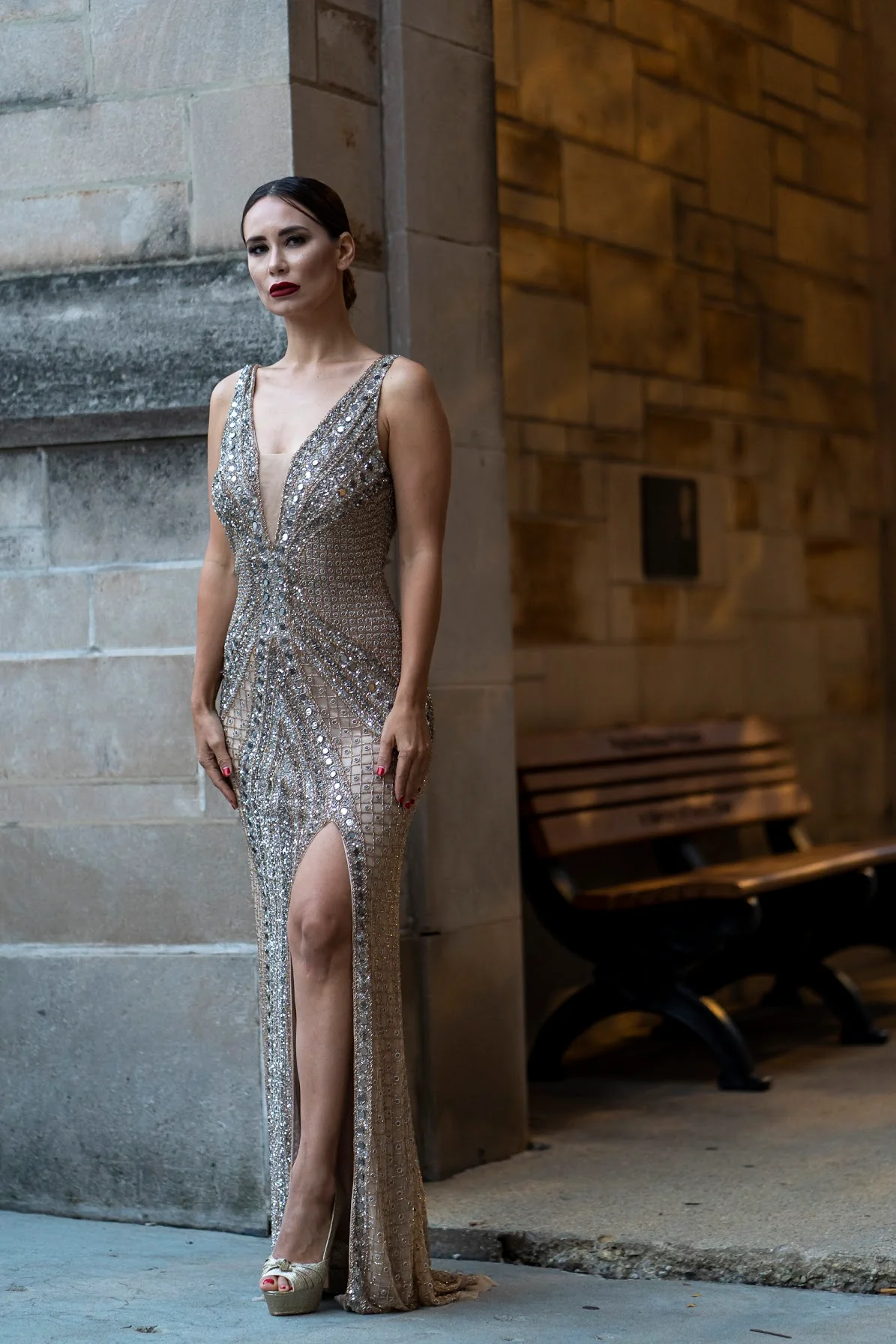 Lara 29499 - Embellished Long Dress with Thigh High Slit - Image 5