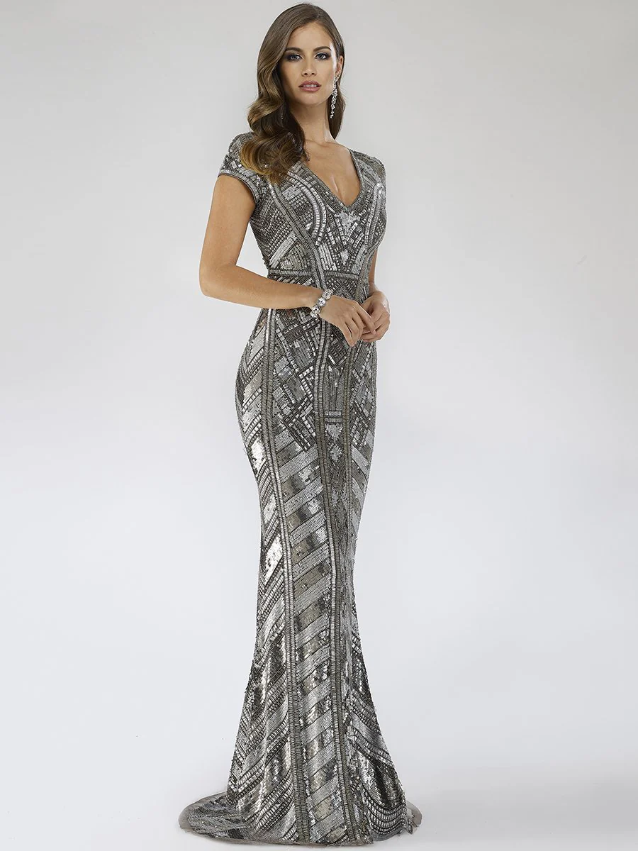 Lara 29540 - Body Con Beaded Silver Petite Dress - Image 2