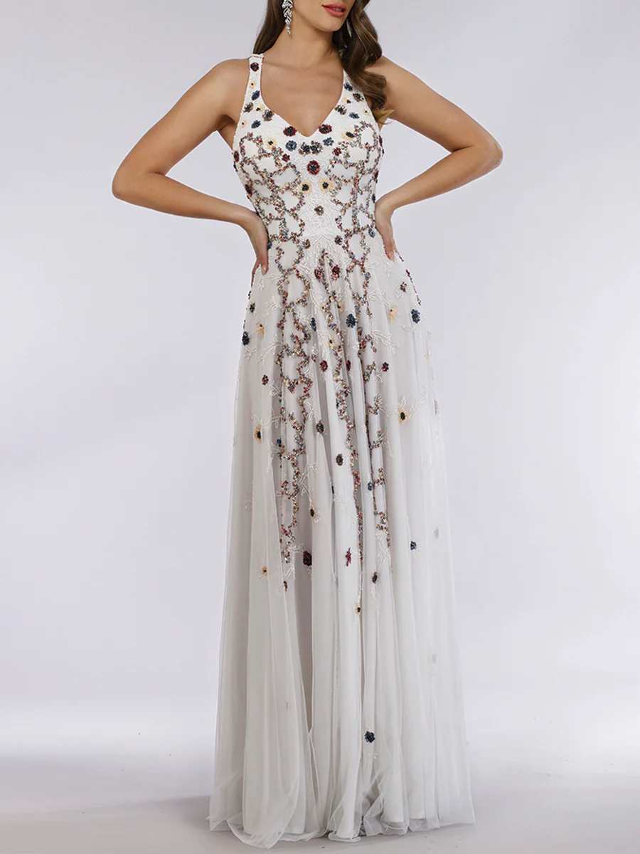 Lara 29544 - Beaded Dress with Open Cross Back and Flowy Skirt