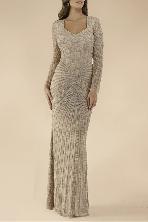 Lara 29602 - V Neck Beaded Long Sleeve Dress - Image 3
