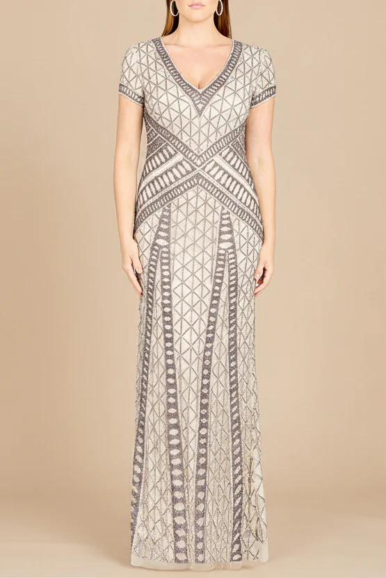 Lara 29746 - Beaded V-Neckline Dress with Cap Sleeves