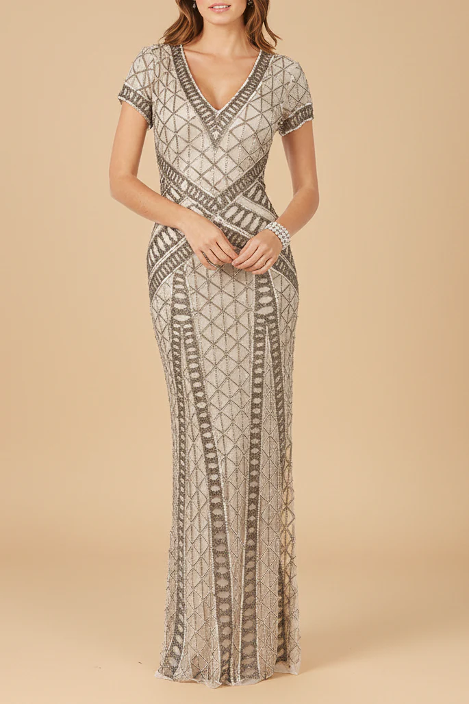 Lara 29746 - Beaded V-Neckline Dress with Cap Sleeves - Image 3