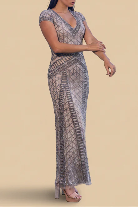 Lara 29746 - Beaded V-Neckline Dress with Cap Sleeves - Image 7