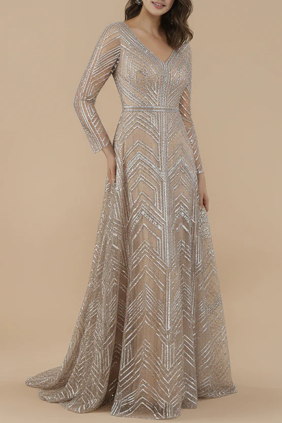 Lara 29753 - Long Sleeves Beaded Ballgown