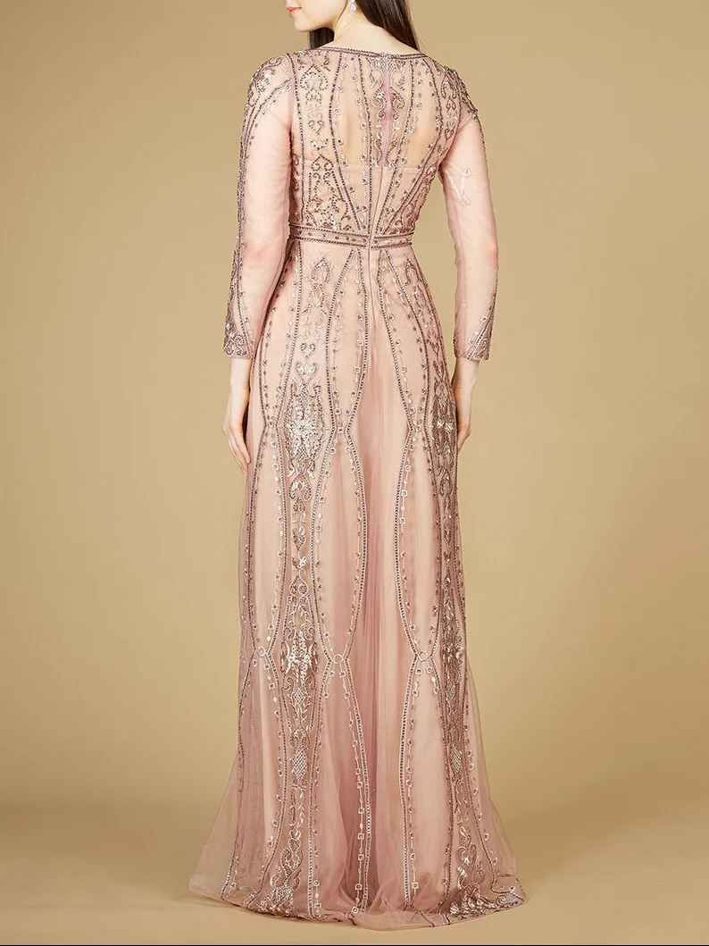 Lara 29788 - Long Illusion Sleeves, A-line Long Gown - Image 3