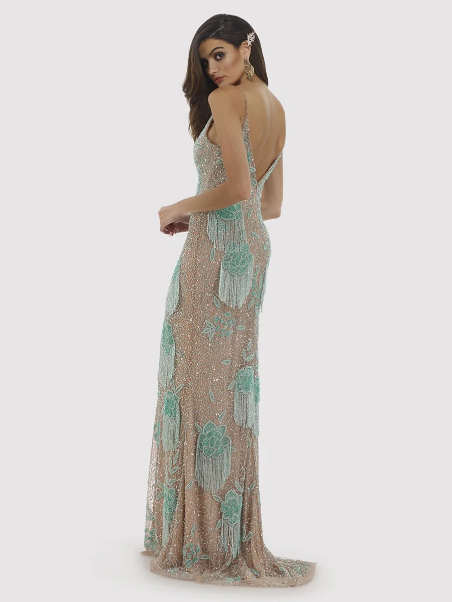 Lara Danika Floral Beaded Sheath Beaded Dress with Beaded Fringe - Image 10