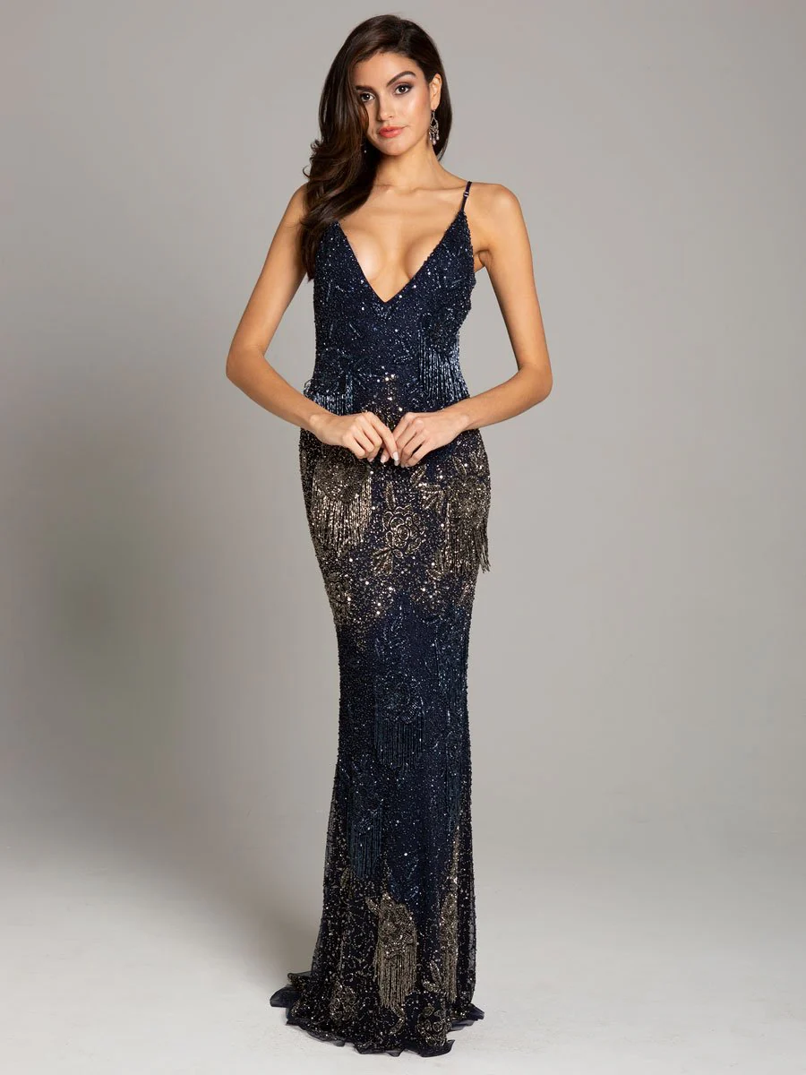 Lara Danika Floral Beaded Sheath Beaded Dress with Beaded Fringe - Image 8