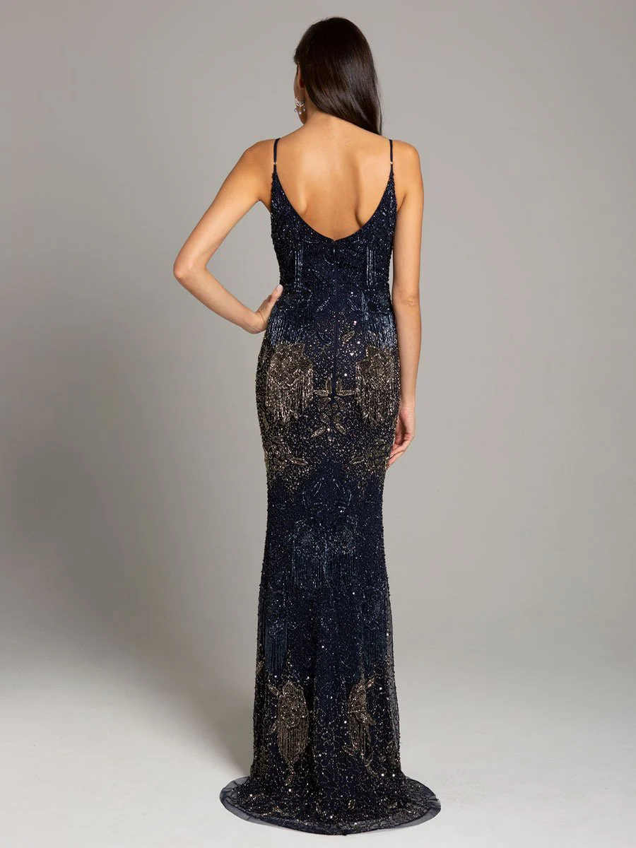 Lara Danika Floral Beaded Sheath Beaded Dress with Beaded Fringe - Image 9