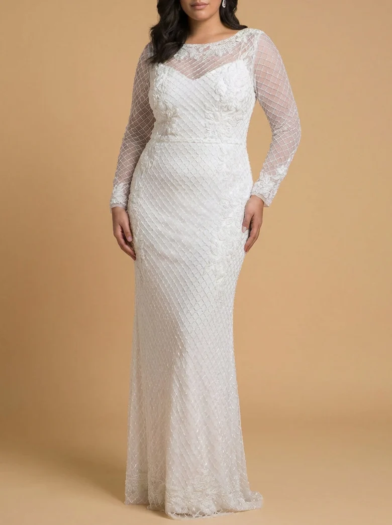 High Neck, Long Sleeve Beaded Wedding Gown | Lara 51004