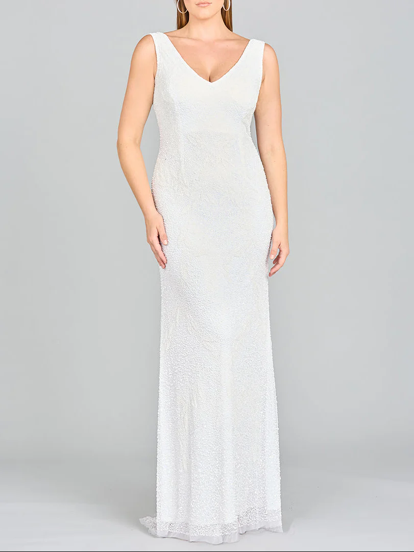 Lara Erika Beaded Draped Cowl Back V-Neck Wedding Dress