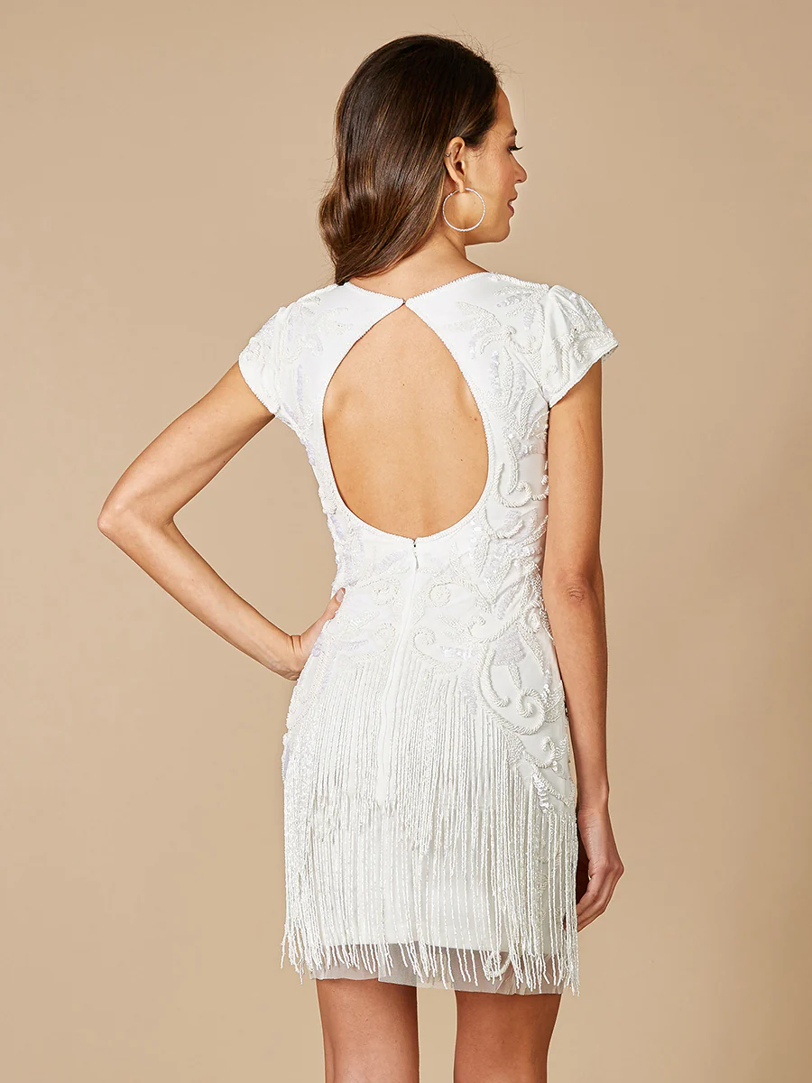 Lara Candie V-Neck Beaded Mini Dress with Fringe - Image 3