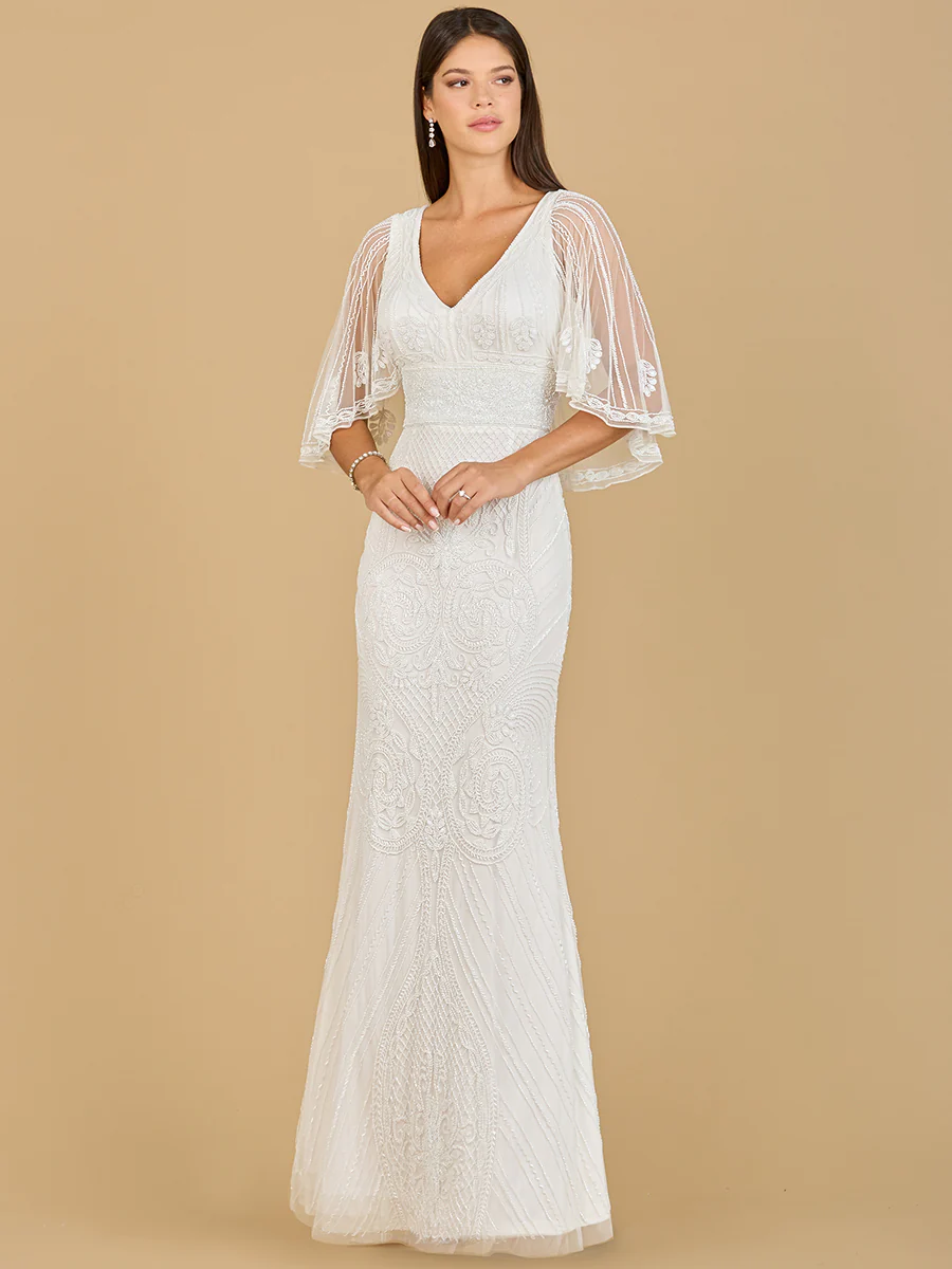 Cape Sleeve V-Neck Beaded Gown