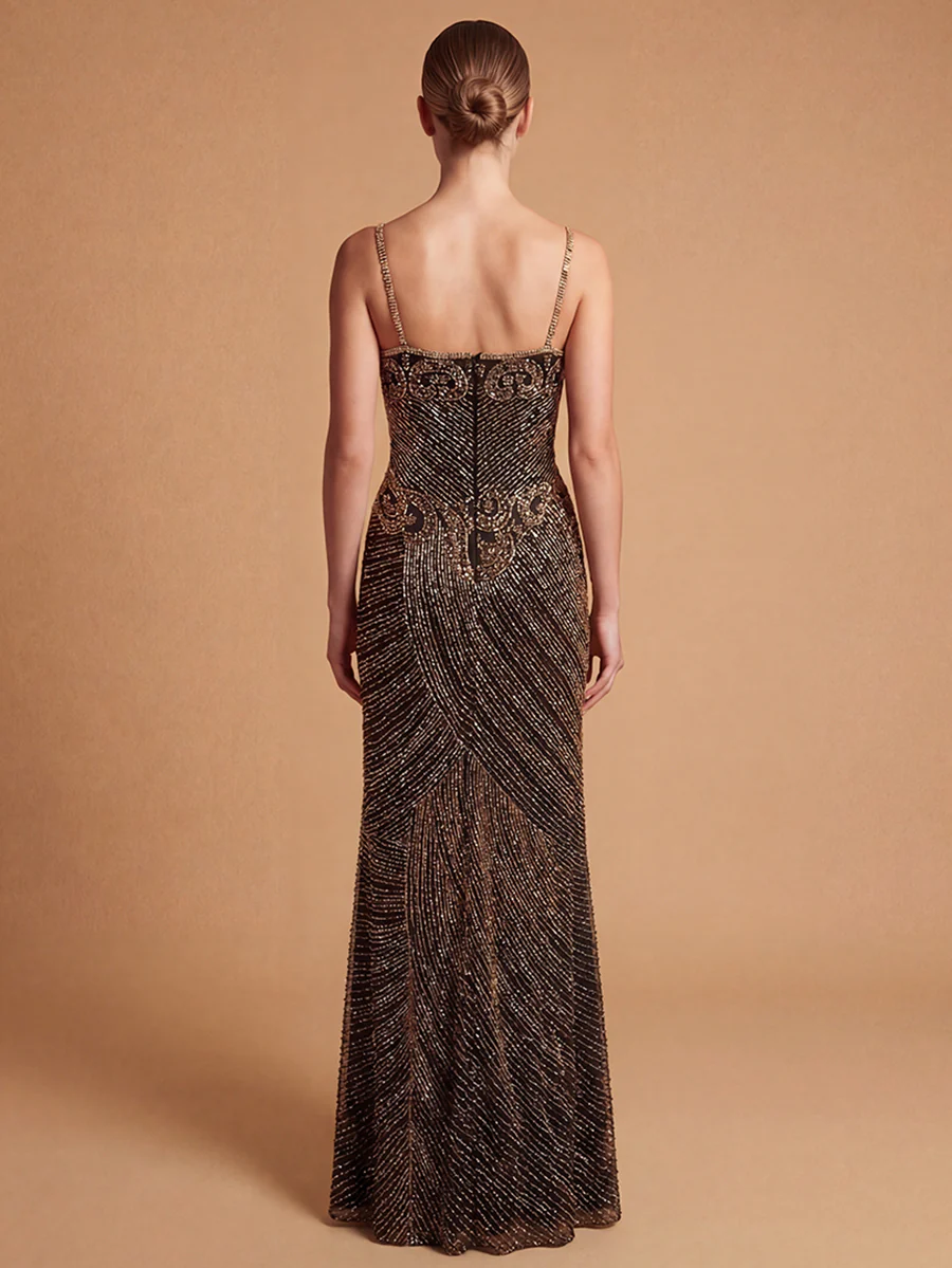 Spaghetti Strap Beaded Gown with Slit | Lara 9919 - Image 2