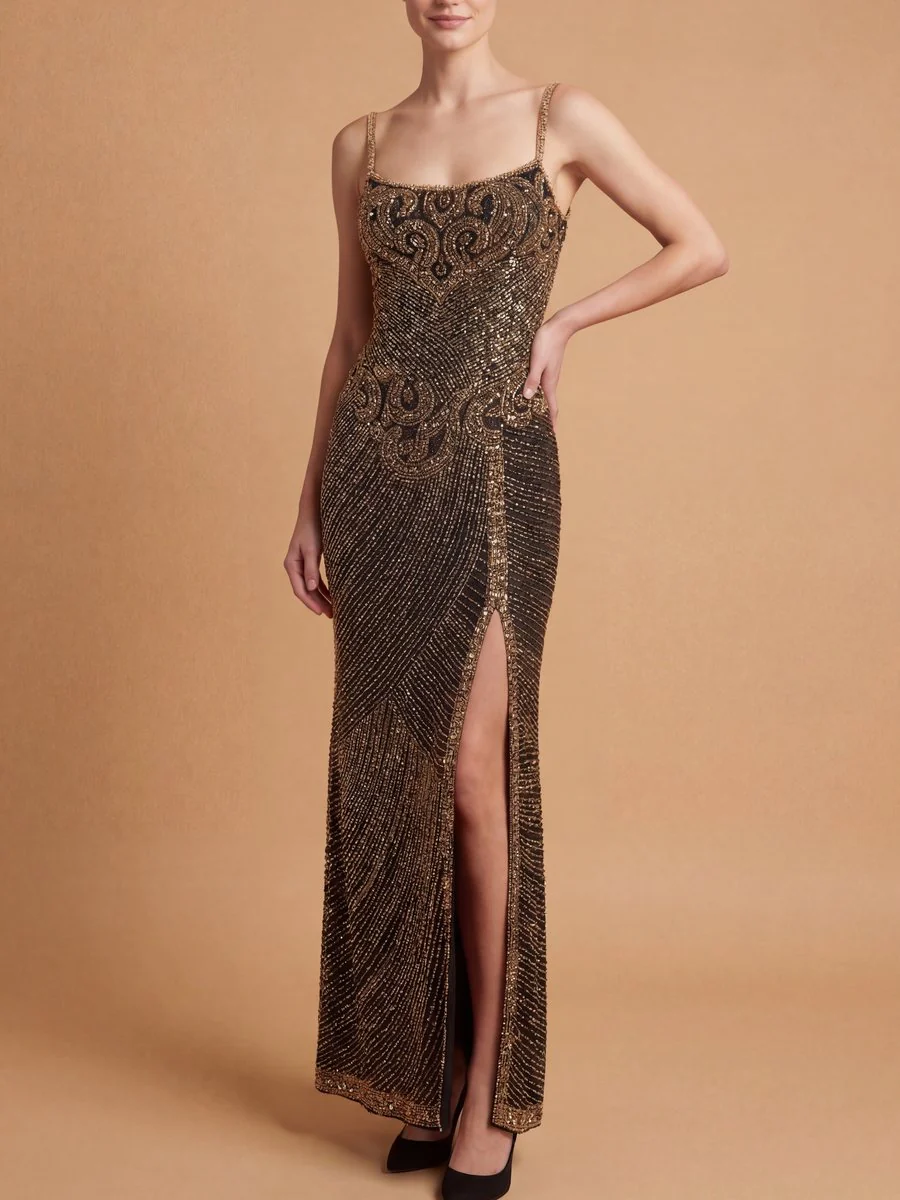 Spaghetti Strap Beaded Gown with Slit | Lara 9919 - Image 3