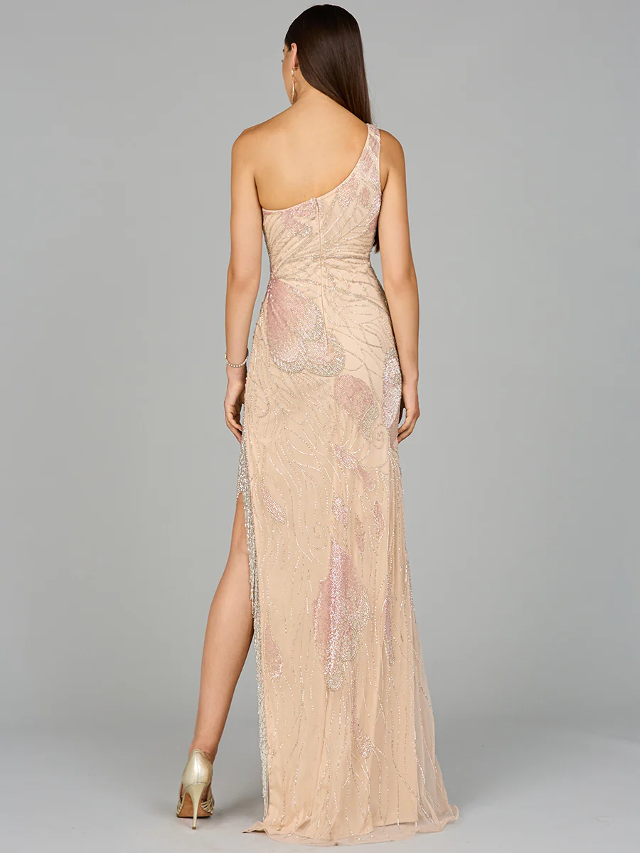 One Shoulder Beaded Gown with Fringe Slit - Image 3