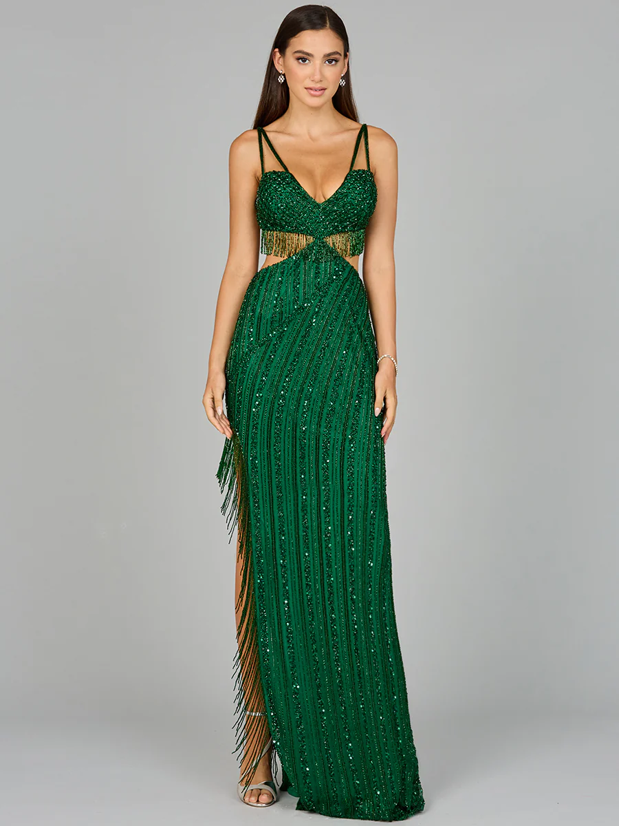 Cutout Beaded Gown with Fringes - Image 2